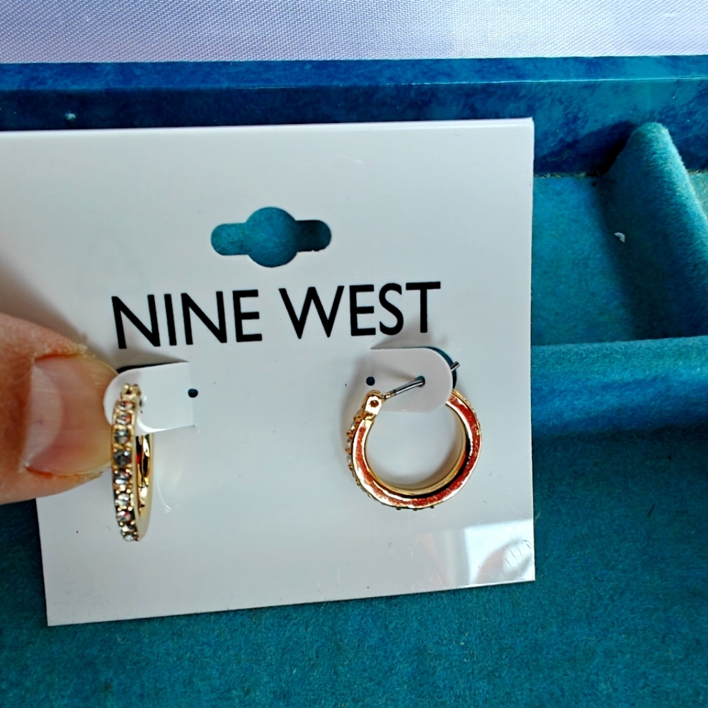 NWT Nine West Goldtone with White Rhinestones Hoop Costume Earrings
